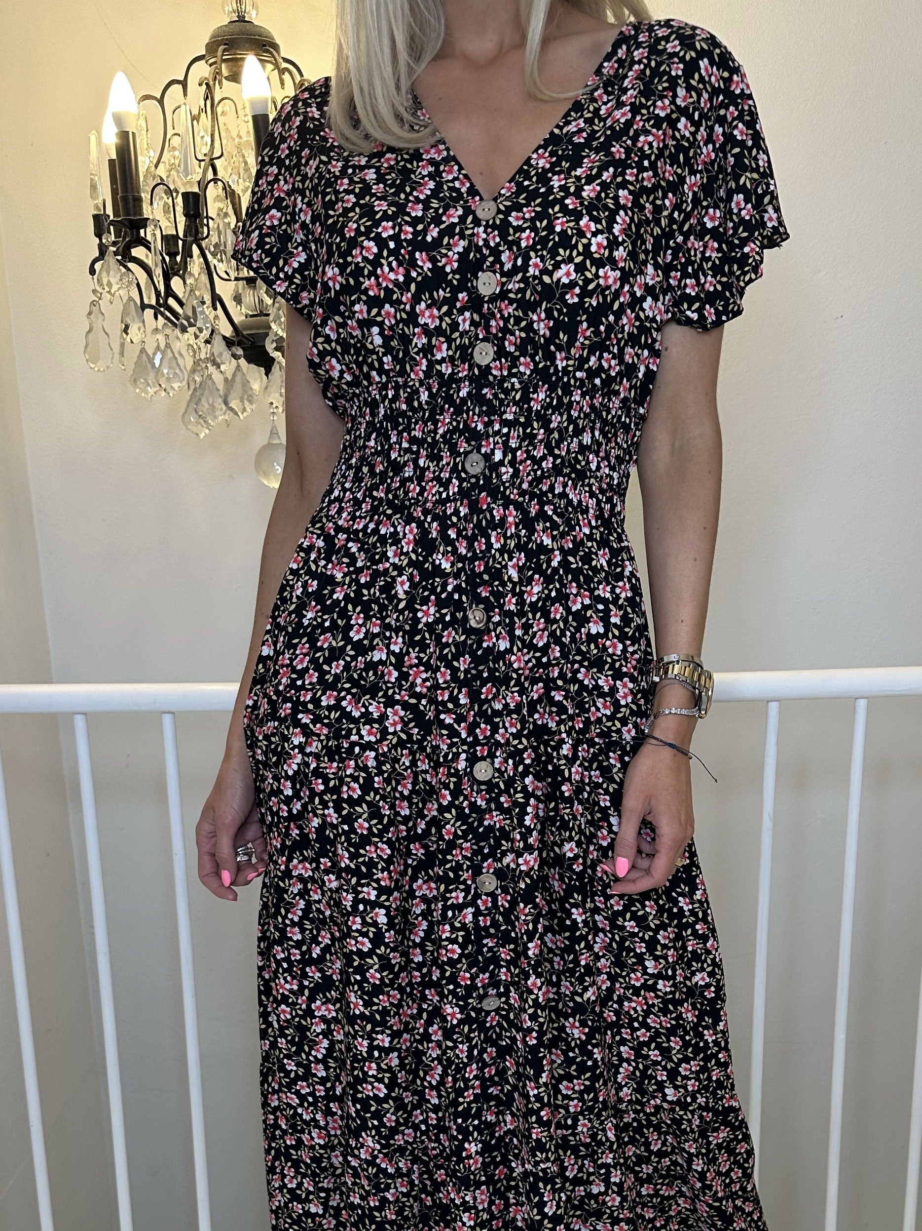 Summer Small Flower - Lång klänning med blommigt tryck och volanger